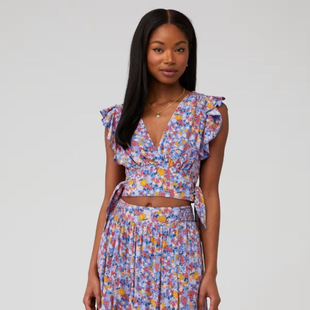 Free People Women's Pretty Days Floral V Neck Smock Top in Sky Combo Size XS